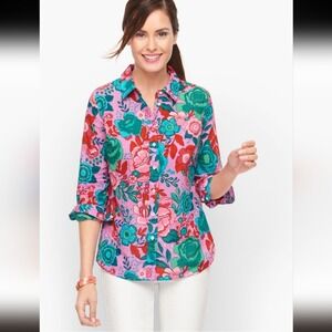 Talbots Floral Cotton Button Front Shirt Size LP‎ or Large Petite Colorful Airy